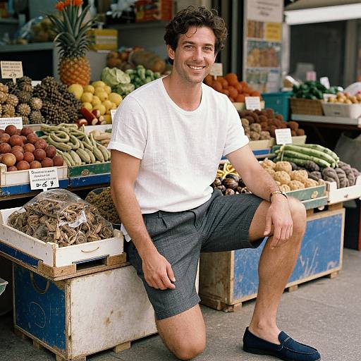 Photograph of a smiling, dark-haired man in a white t-shirt, gray shorts, and navy slippers, sitting at a vibrant fruit market stall