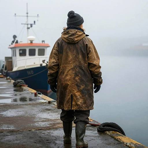 Weathered Fisherwoman at Foggy Harbor