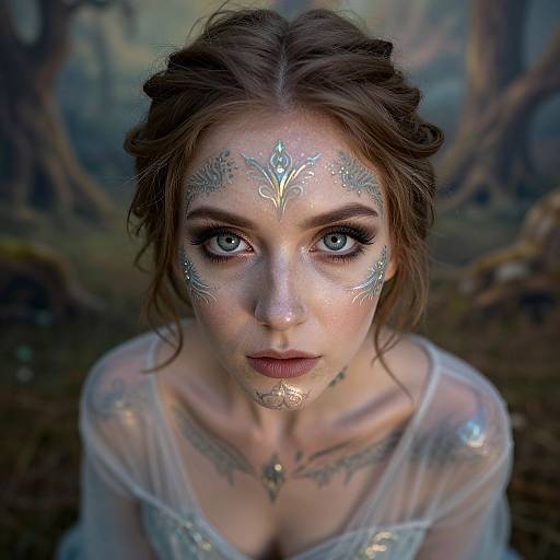 Photograph of a fair-skinned woman with blue eyes, brown hair, and intricate silver face paint, wearing a sheer white dress, in a mystical