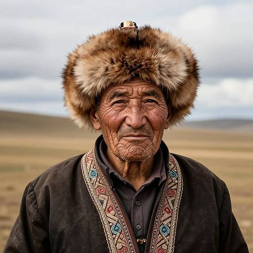Photograph of an elderly man with wrinkled skin, wearing a fur hat and embroidered black shirt, standing in a barren, flat landscape.