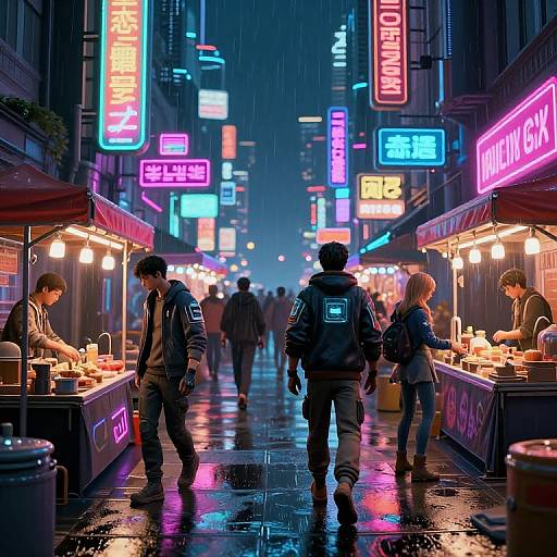 Neon-lit, rainy night street market in a cyberpunk style, featuring colorful signs, food stalls, and people in hoodies and jackets.