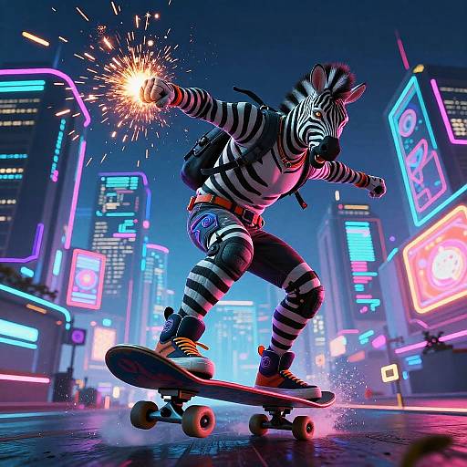 Digital art: Zebra anthropomorphic character skateboarding at night in a neon-lit, cyberpunk city, holding a sparkler, wearing striped clothing