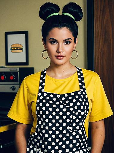 Young Woman in Polka Dot Apron and Yellow Shirt
