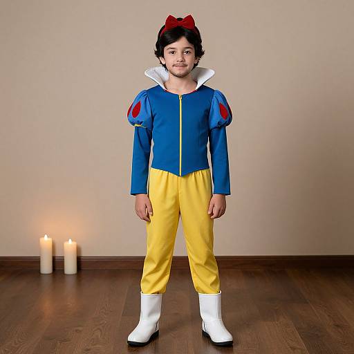 Photograph of a young boy dressed as Snow White, standing in front of a plain wall with three lit candles on wooden floor. He wears a blue