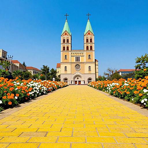 Photograph of a vibrant, sunlit church with two green-tipped towers, flanked by orange and white flowers on a yellow brick path. Clear