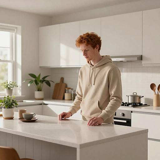 Photograph of a red-haired man in a beige hoodie standing at a sunlit, modern white kitchen island with potted plants and coffee cups.