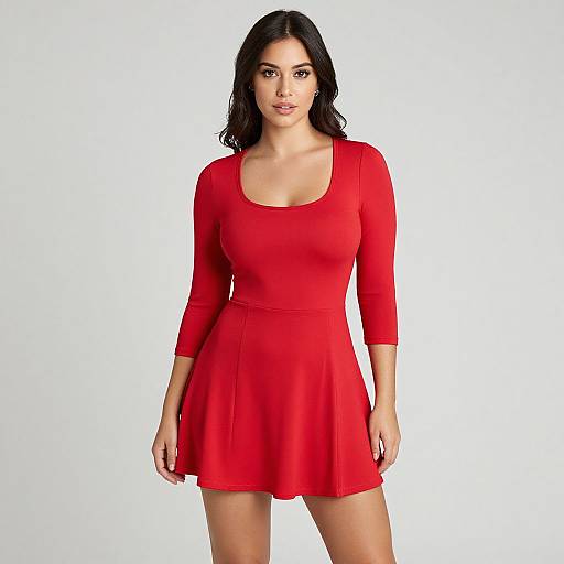 Photograph of a woman with medium brown skin, black wavy hair, wearing a bright red, long-sleeve, flared mini dress,
