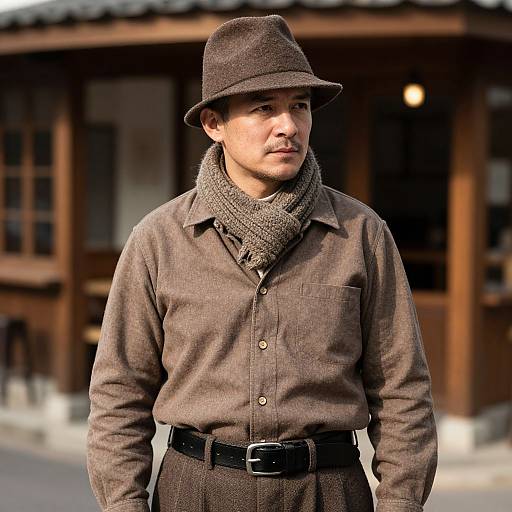 Photograph of a Caucasian man with light skin, wearing a brown hat, button-up shirt, gray scarf, and black belt, standing in front of