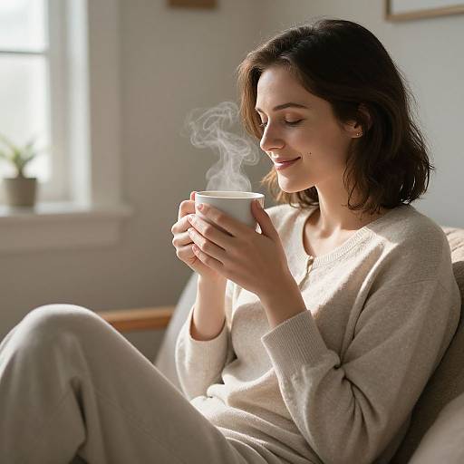 Photograph of a smiling woman with fair skin and brown hair, wearing a beige sweater and pants, sitting and holding a steaming white mug in a