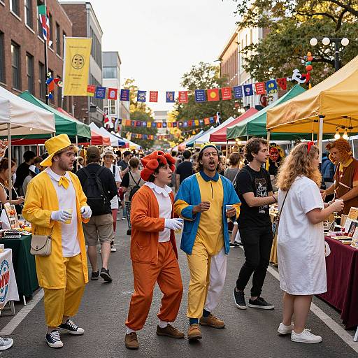 Photograph of a bustling outdoor market with people in colorful clown costumes, surrounded by vendor stalls, colorful flags, and a city street backdrop.