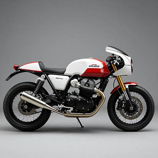 Photograph of a sleek, white and red sport motorcycle with gold fork, black seat, and chrome exhaust, set against a gradient gray background.