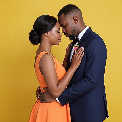 Photograph of a Black couple in a passionate embrace against a bright yellow background. She wears an orange sleeveless dress, he in a black tux
