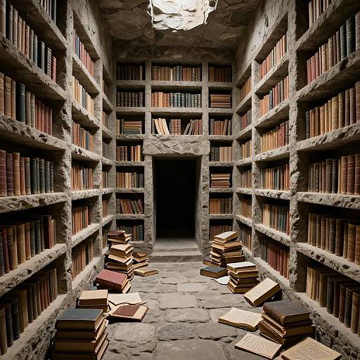 Photograph of a narrow, dimly-lit library aisle with cracked, stone shelves filled with colorful, old books, leading to a dark, mysterious
