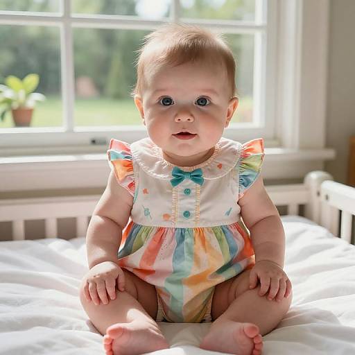Photograph of a baby with light skin and blue eyes, wearing a colorful, sleeveless dress, sitting on a sunlit bed. Background features a