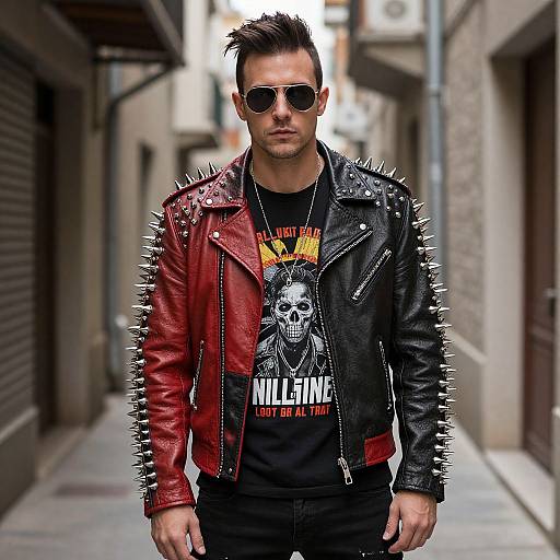 Photograph of a man with spiked black and red leather jackets, dark sunglasses, and a skull graphic t-shirt, standing in an urban alley.