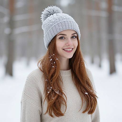 Photograph of a smiling young woman with long, wavy auburn hair, wearing a white knit beanie and beige sweater, standing in a
