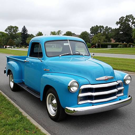 Photograph of a vintage, sky-blue Chevrolet pickup truck with chrome accents, parked on a suburban street with green grass and trees in the background.