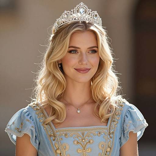 Photograph of a blonde woman with wavy hair, wearing a silver tiara, light blue dress with gold embroidery, and a small necklace, smiling
