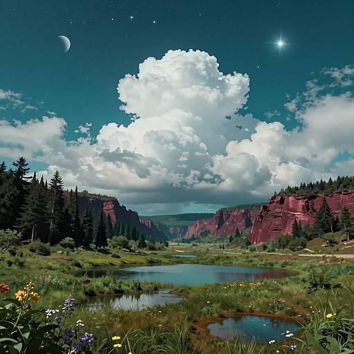 Digital painting of a vibrant landscape: lush meadow with wildflowers, serene lake, red rock cliffs, dense forest, cloudy night sky with moon and