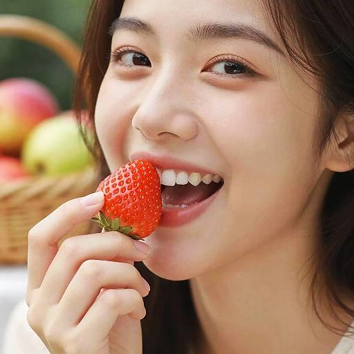 Photograph of a young Asian woman with fair skin and brown hair, smiling and biting into a bright red strawberry. Background features a blurred basket of colorful