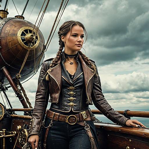 Steampunk Adventurer on Rustic Airship Deck