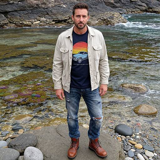 Photograph of a bearded man with short brown hair, wearing a white jacket, black shirt with sunset design, blue jeans, and brown boots,
