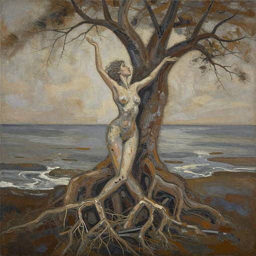 Oil painting of a nude woman with curly hair, entwined in a large tree's roots and branches, standing by a seaside shore.