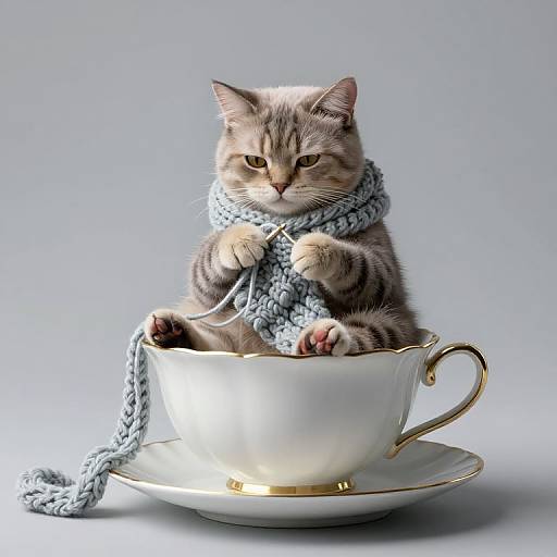 Photograph of a cute gray tabby kitten wearing a blue knitted scarf, sitting inside a gold-rimmed white teacup on a matching