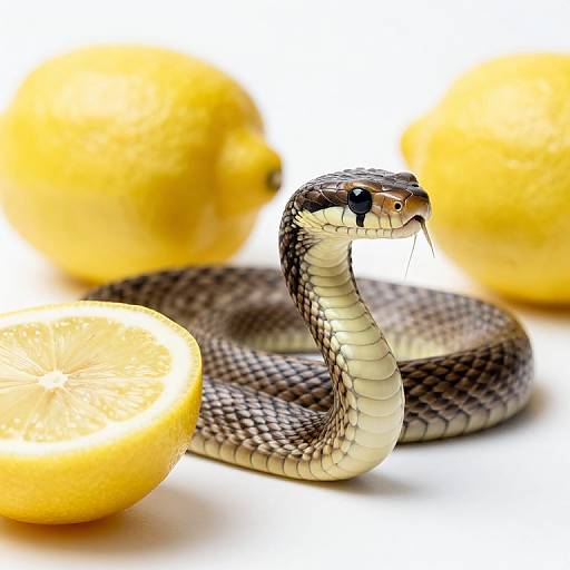 Photograph of a coiled black-and-tan snake with shiny scales, drooling, positioned between three bright yellow lemons against a white background.