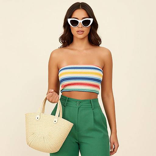 Photograph of a woman with long dark hair, wearing white sunglasses, striped strapless top, green high-waisted pants, holding a woven beige