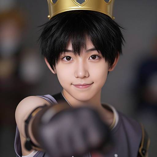 Photorealistic portrait of an Asian boy with black hair, wearing a gold crown and black gloves, smiling confidently, blurred background.