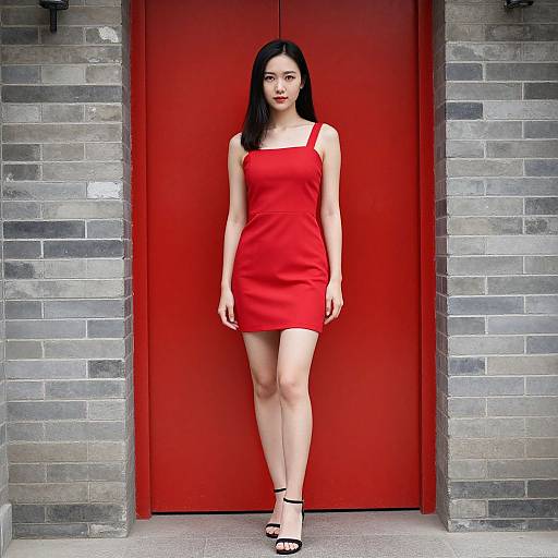 Asian woman in red sleeveless dress and black heels stands confidently in front of a bold red door, flanked by gray brick walls. Photograph.