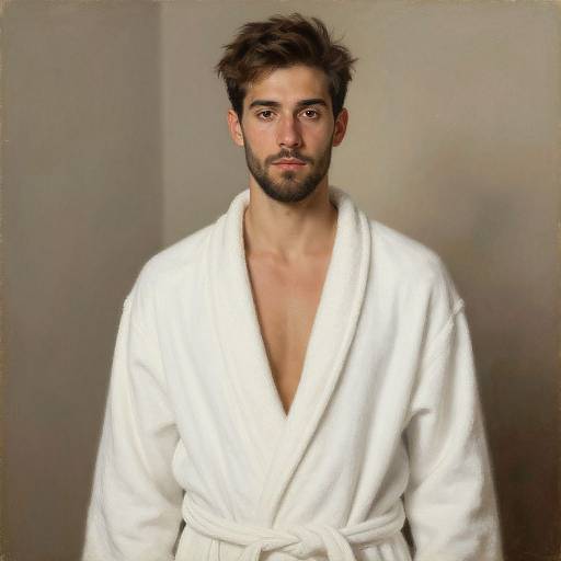Photorealistic digital portrait of a handsome, bearded man with brown hair, wearing a white, V-neck, terrycloth bathrobe, against