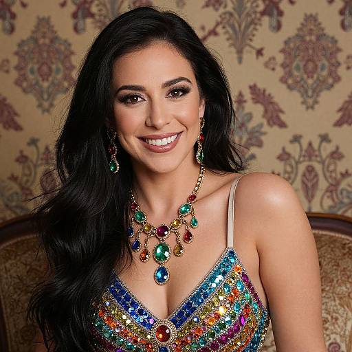 Photograph of a smiling woman with long black hair, wearing a colorful sequined dress and elaborate jewelry, against vintage floral wallpaper.