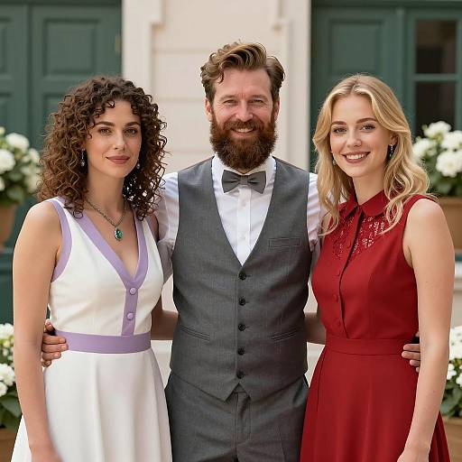 Three People in Formal Attire Smiling Outdoors