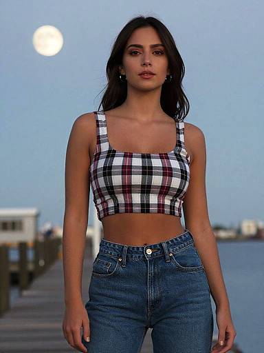 Photograph of a brunette woman with long hair, wearing a black-white-red plaid crop top and high-waisted blue jeans, standing on a