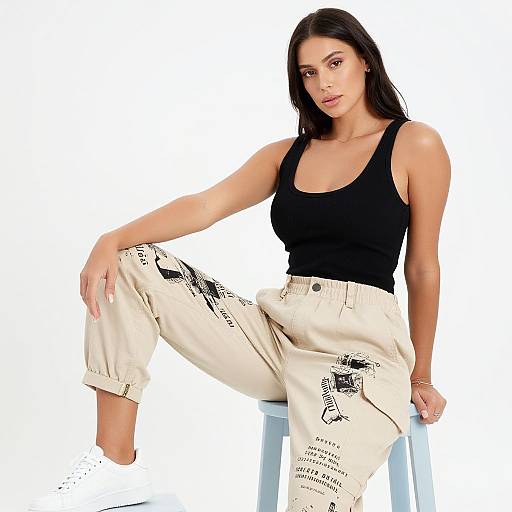 Photograph of a young woman with long black hair, wearing a black tank top and white pants with black illustrations, sitting on a stool against a white