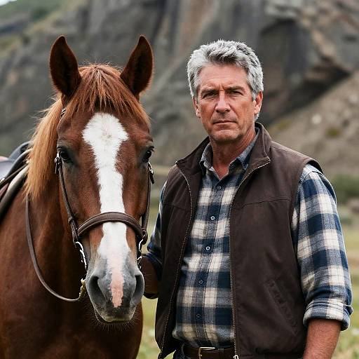 Middle-aged man with horse in rocky landscape