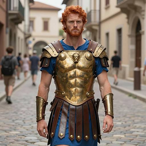 Man in Ares Roman Soldier Costume on Cobblestone Street