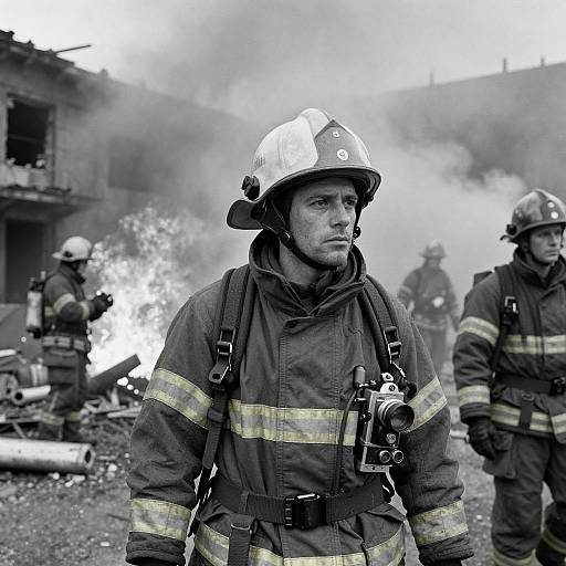 Photograph of a serious male firefighter in black uniform with yellow stripes, white helmet, and camera on chest, standing amidst smoke and flames at a burning