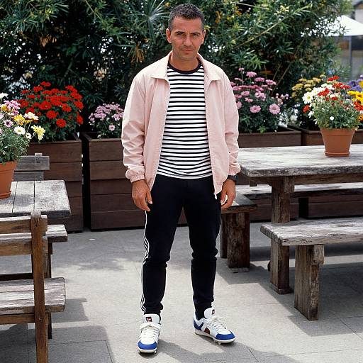 Photograph of a medium-built man with short dark hair, light skin, wearing a pink jacket, black striped shirt, black pants, and white sneakers