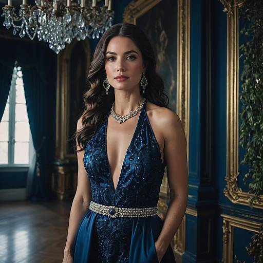 Elegant Woman in Sapphire Blue Velvet Dress in Baroque Ballroom