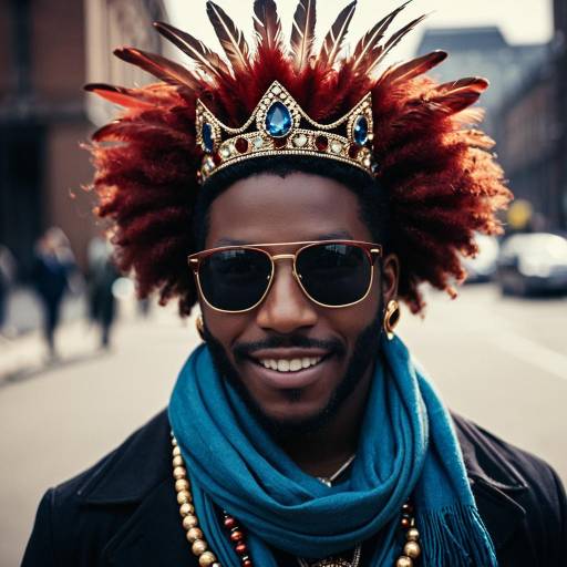 Dark-skinned man with feathered crown and sunglasses