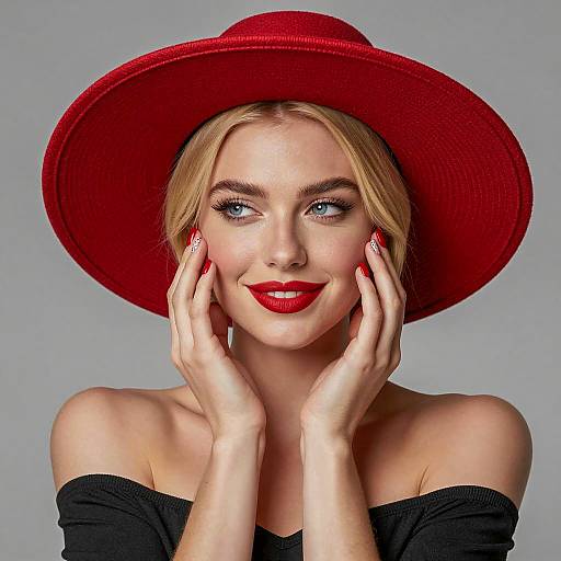 Blonde Woman in Red Wide-Brimmed Hat