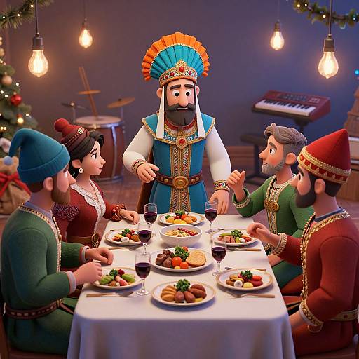 CGI image of four cartoon people in colorful medieval attire, seated at a festive dinner table with a bearded man in a blue and orange headdress
