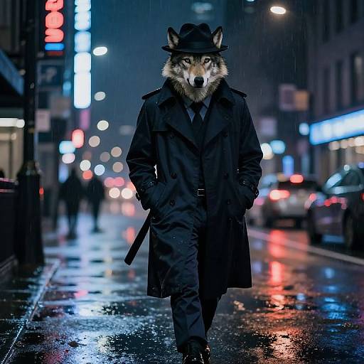 Photorealistic digital art: Anthropomorphic wolf in black trench coat and hat walks confidently on a rainy, neon-lit city street at night.