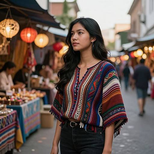 Photograph of an Asian woman with long black hair, wearing a colorful, patterned poncho and black pants, standing in a bustling outdoor market with