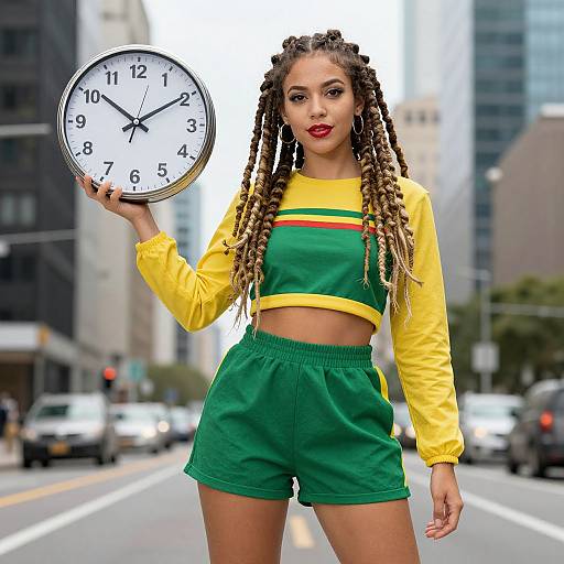 Photograph of a young Black woman with long braids, wearing a yellow and green crop top and shorts, holding a clock in a city street.
