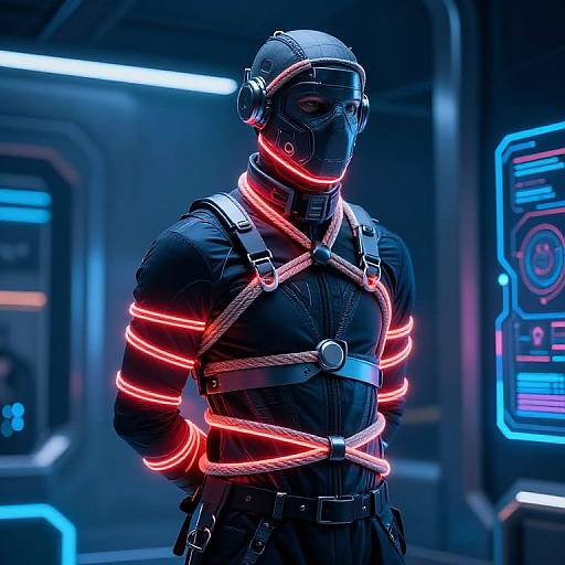 Cyberpunk scene: person in black harness, red neon rope bondage, black mask, and helmet, standing in futuristic blue-lit room.