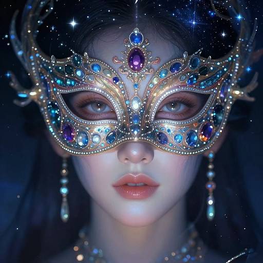 Photorealistic digital artwork of a mysterious woman with glowing blue and purple gem-encrusted masquerade mask, dark hair, and soft blue